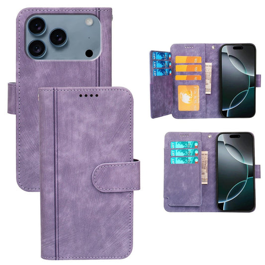 For iPhone 17 Pro Max Leather Case Line Pattern Wallet Phone Cover with 9 Card Slots - Purple