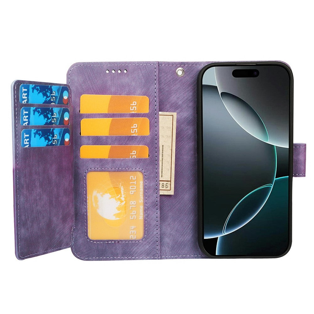 For iPhone 17 Pro Max Leather Case Line Pattern Wallet Phone Cover with 9 Card Slots - Purple