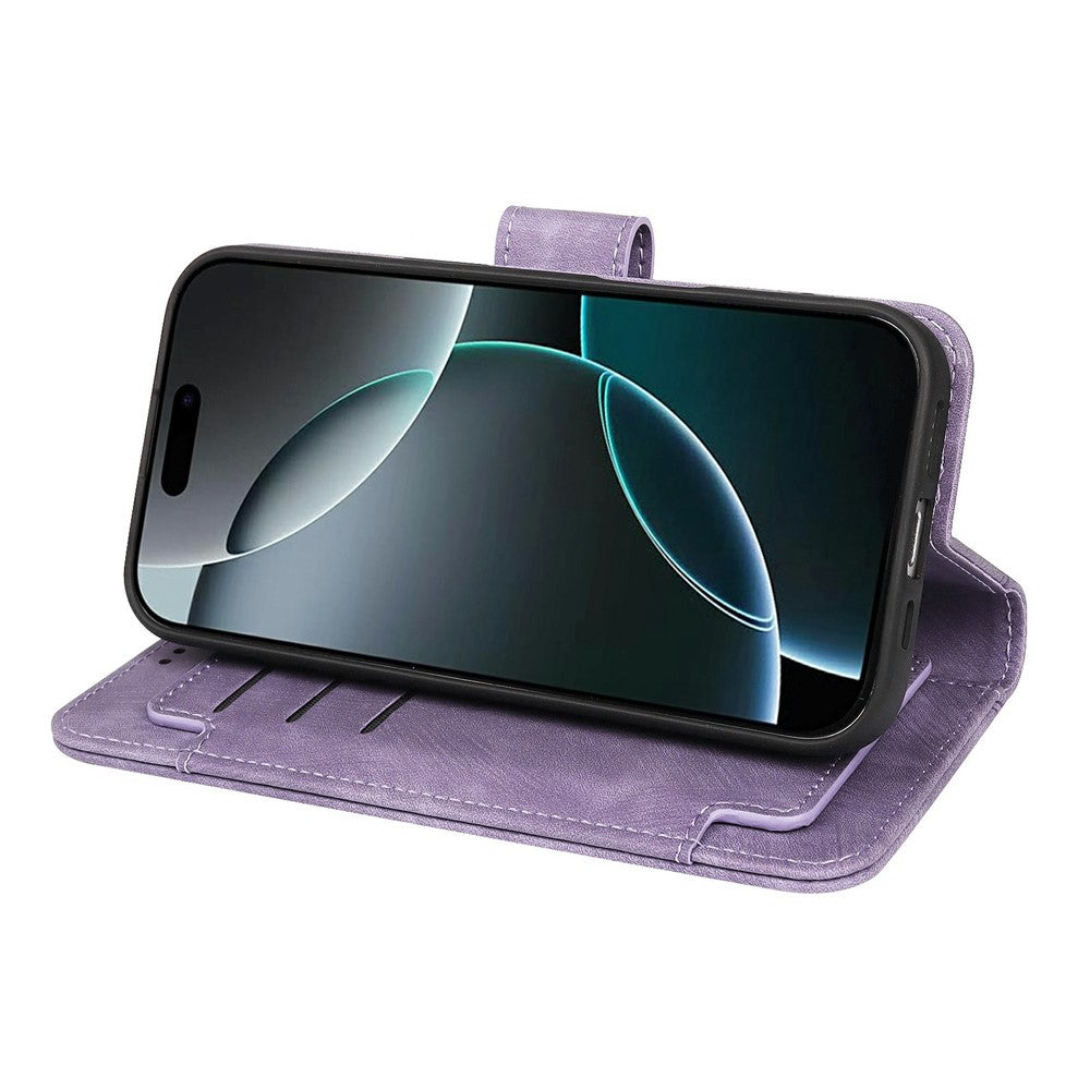 For iPhone 17 Pro Max Leather Case Line Pattern Wallet Phone Cover with 9 Card Slots - Purple