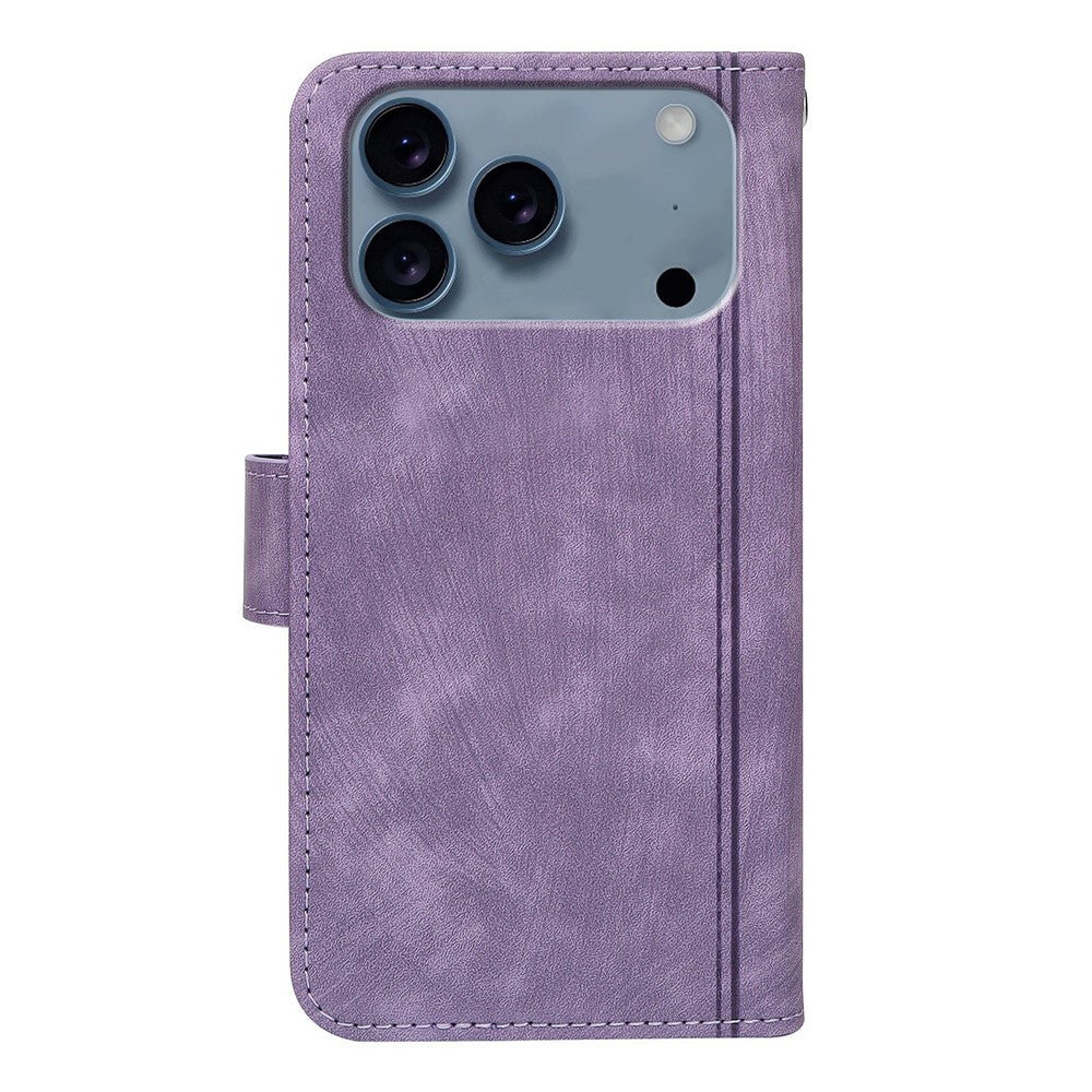 For iPhone 17 Pro Max Leather Case Line Pattern Wallet Phone Cover with 9 Card Slots - Purple