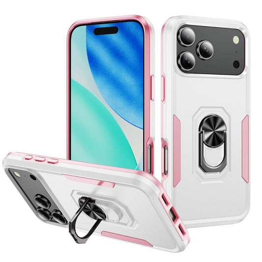 For iPhone 17 Pro Max Case Military Grade Ring Kickstand PC + TPU Phone Cover - White + Pink