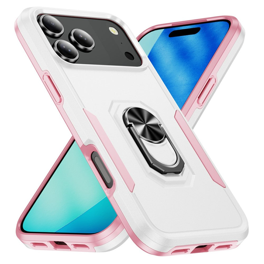 For iPhone 17 Pro Max Case Military Grade Ring Kickstand PC + TPU Phone Cover - White + Pink