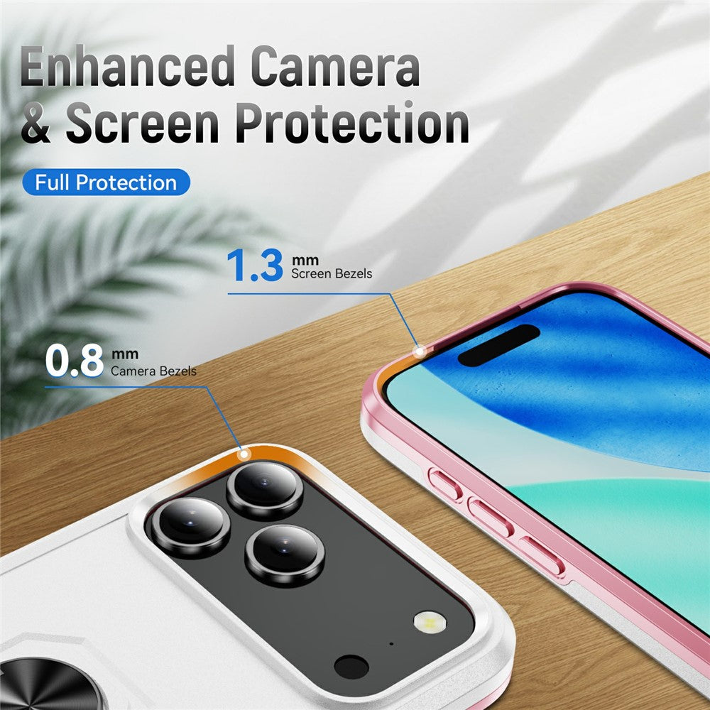 For iPhone 17 Pro Max Case Military Grade Ring Kickstand PC + TPU Phone Cover - White + Pink