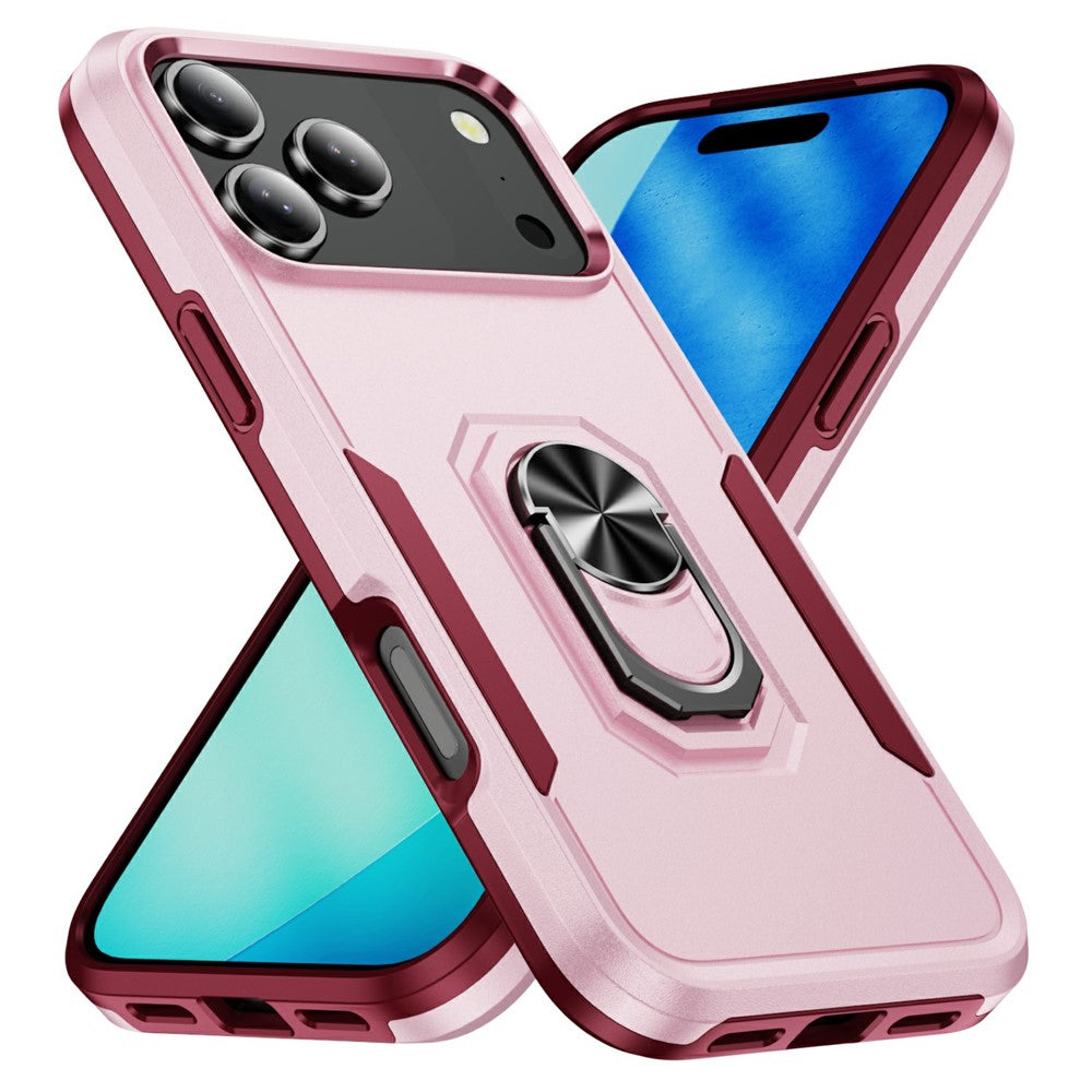 For iPhone 17 Pro Max Case Military Grade Ring Kickstand PC + TPU Phone Cover - Pink + Rose