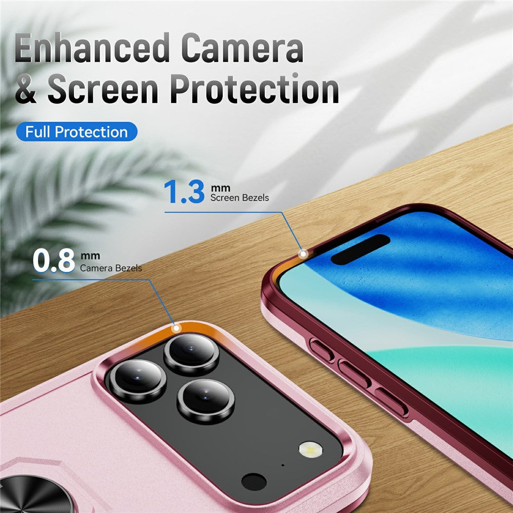 For iPhone 17 Pro Max Case Military Grade Ring Kickstand PC + TPU Phone Cover - Pink + Rose