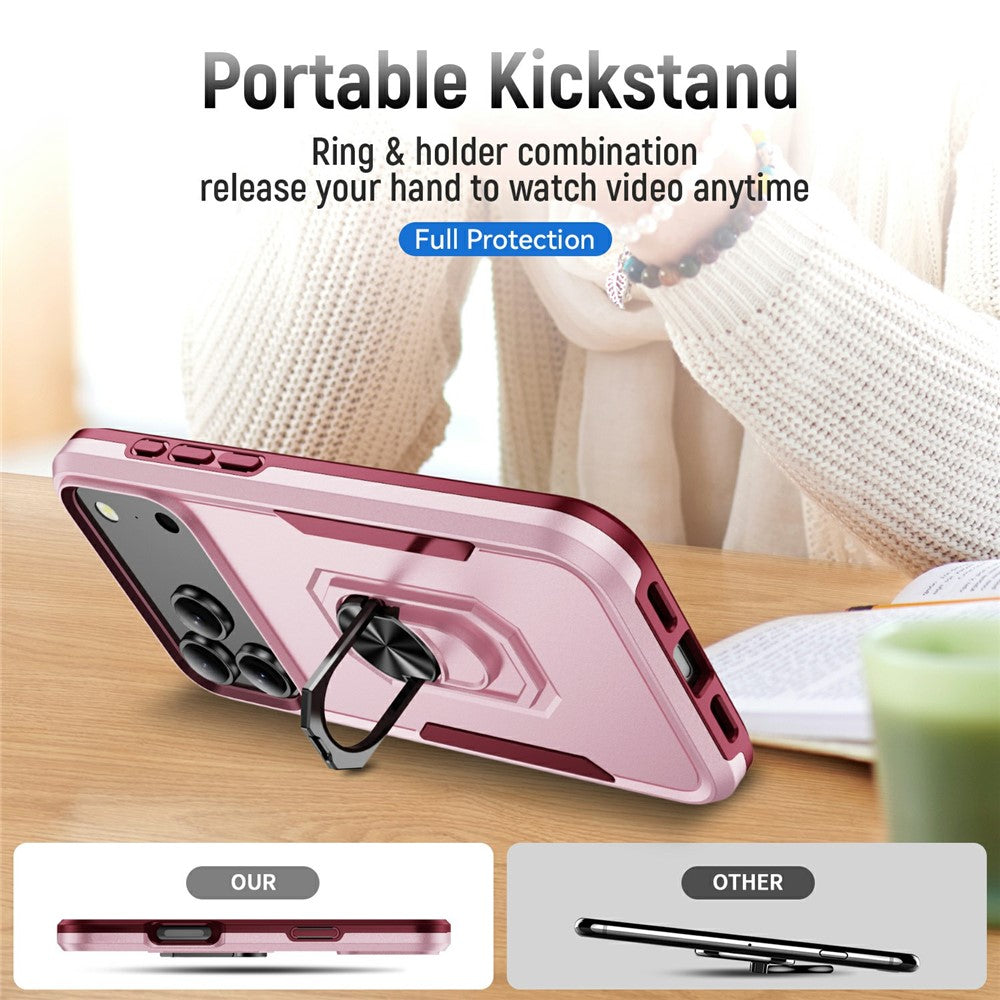 For iPhone 17 Pro Max Case Military Grade Ring Kickstand PC + TPU Phone Cover - Pink + Rose