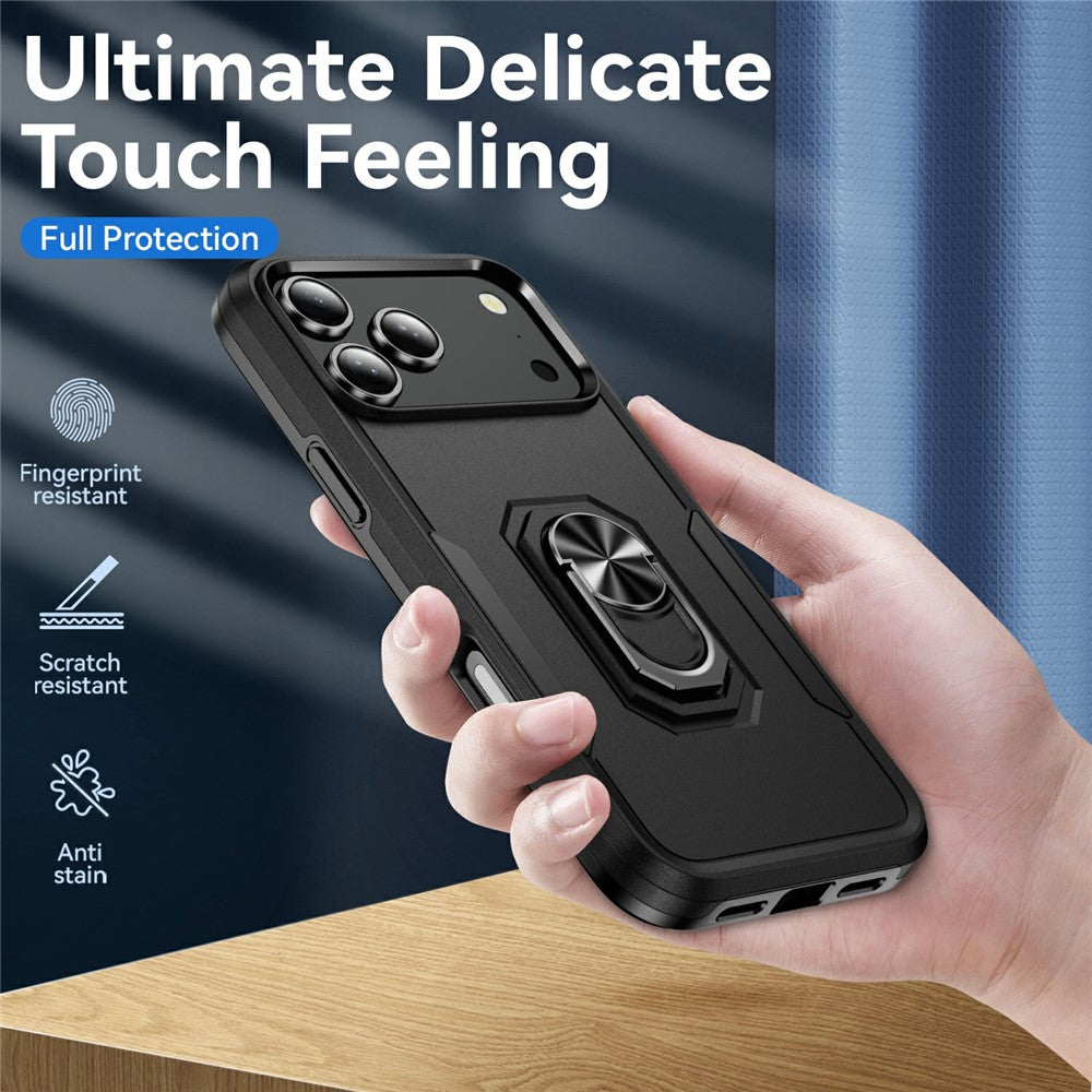 For iPhone 17 Pro Max Case Military Grade Ring Kickstand PC + TPU Phone Cover - Black