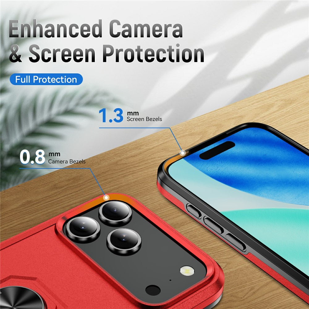 For iPhone 17 Pro Max Case Military Grade Ring Kickstand PC + TPU Phone Cover - Red + Black