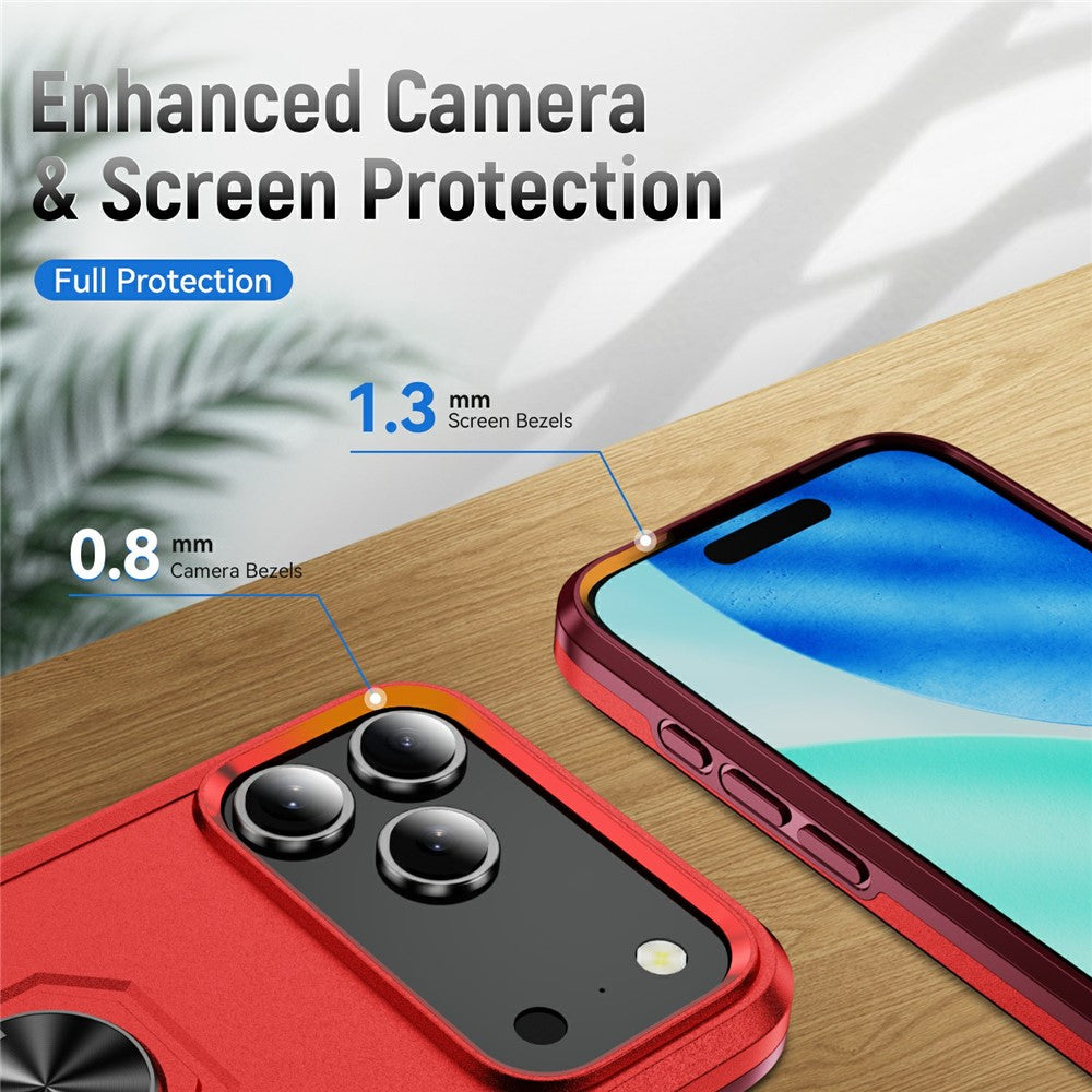 For iPhone 17 Pro Max Case Military Grade Ring Kickstand PC + TPU Phone Cover - Red + Rose
