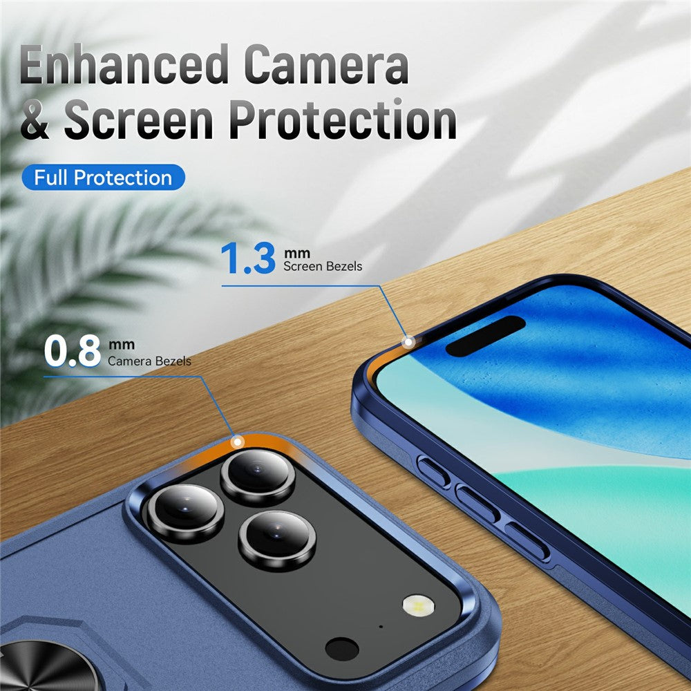 For iPhone 17 Pro Max Case Military Grade Ring Kickstand PC + TPU Phone Cover - Blue