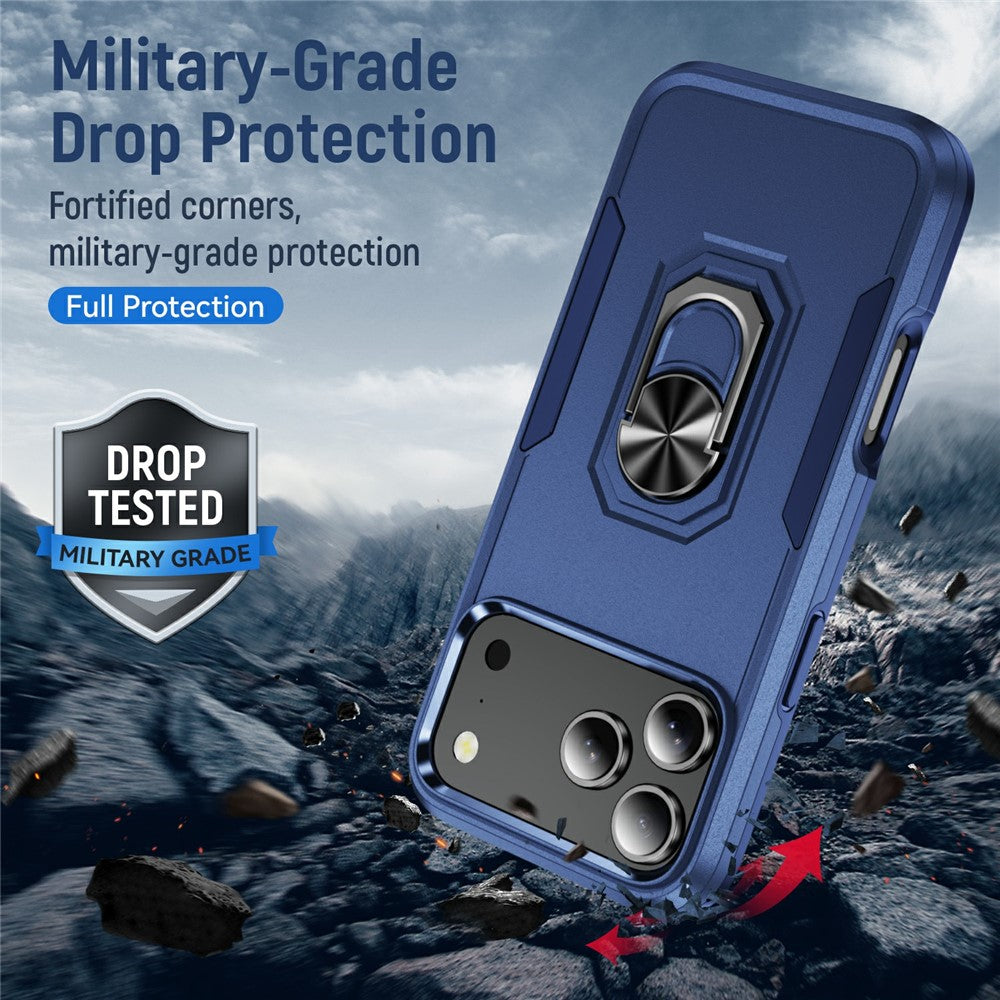For iPhone 17 Pro Max Case Military Grade Ring Kickstand PC + TPU Phone Cover - Blue