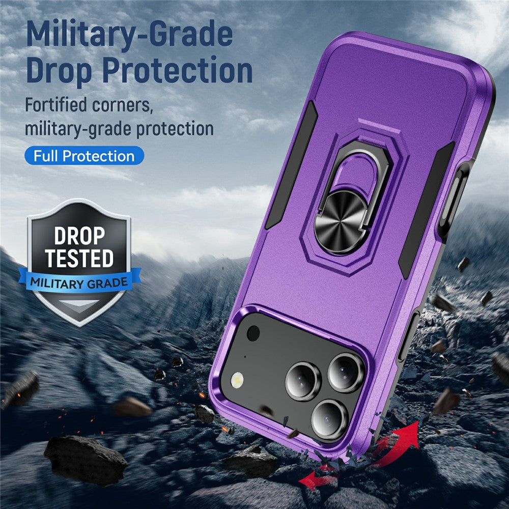 For iPhone 17 Pro Max Case Military Grade Ring Kickstand PC + TPU Phone Cover - Purple + Black