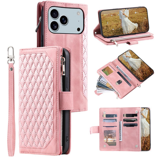 For iPhone 17 Pro Max Wallet Case Rhombus Stitching Line PU Leather Phone Cover with Wrist Strap - Rose Gold