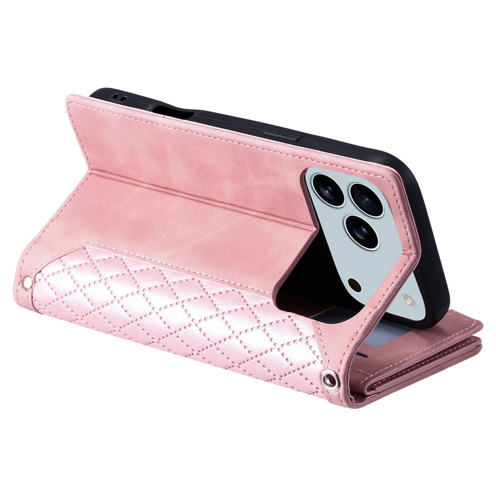 For iPhone 17 Pro Max Wallet Case Rhombus Stitching Line PU Leather Phone Cover with Wrist Strap - Rose Gold