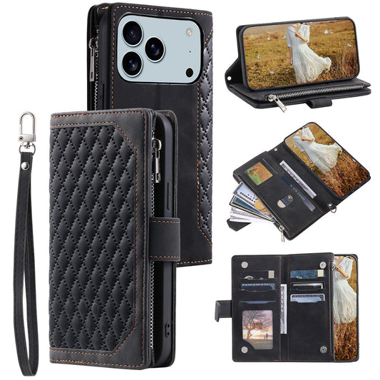 For iPhone 17 Pro Max Wallet Case Rhombus Stitching Line PU Leather Phone Cover with Wrist Strap - Black