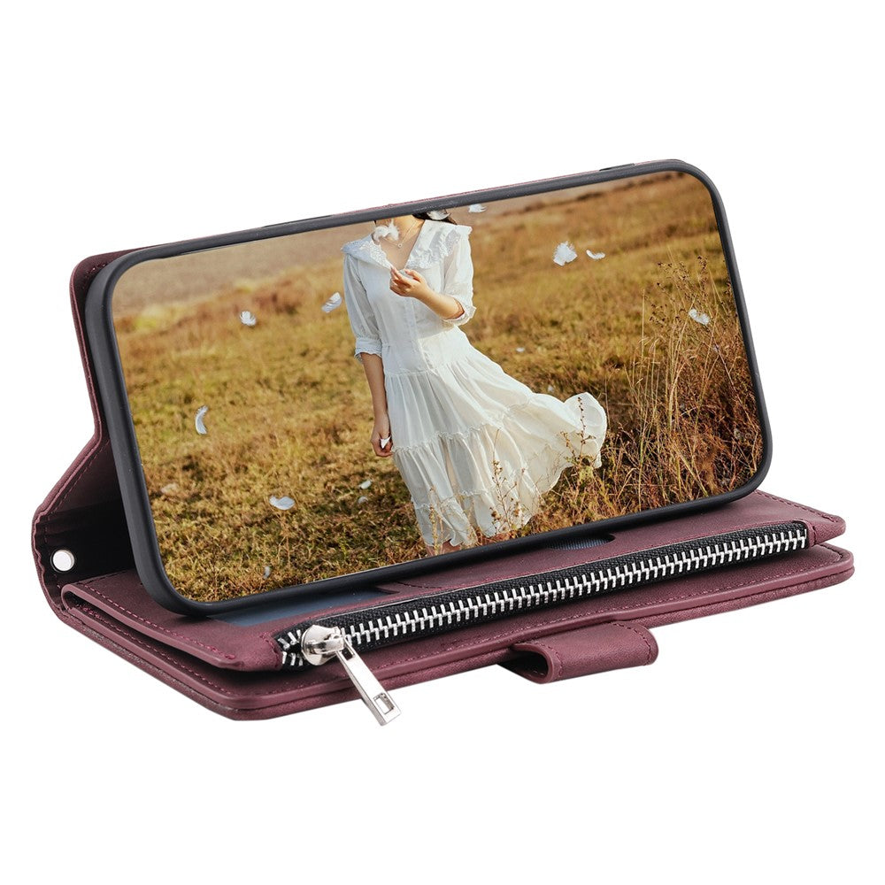 For iPhone 17 Pro Max Wallet Case Rhombus Stitching Line PU Leather Phone Cover with Wrist Strap - Wine Red