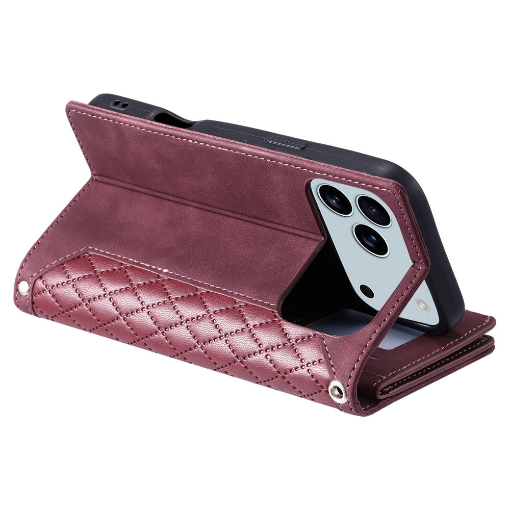 For iPhone 17 Pro Max Wallet Case Rhombus Stitching Line PU Leather Phone Cover with Wrist Strap - Wine Red