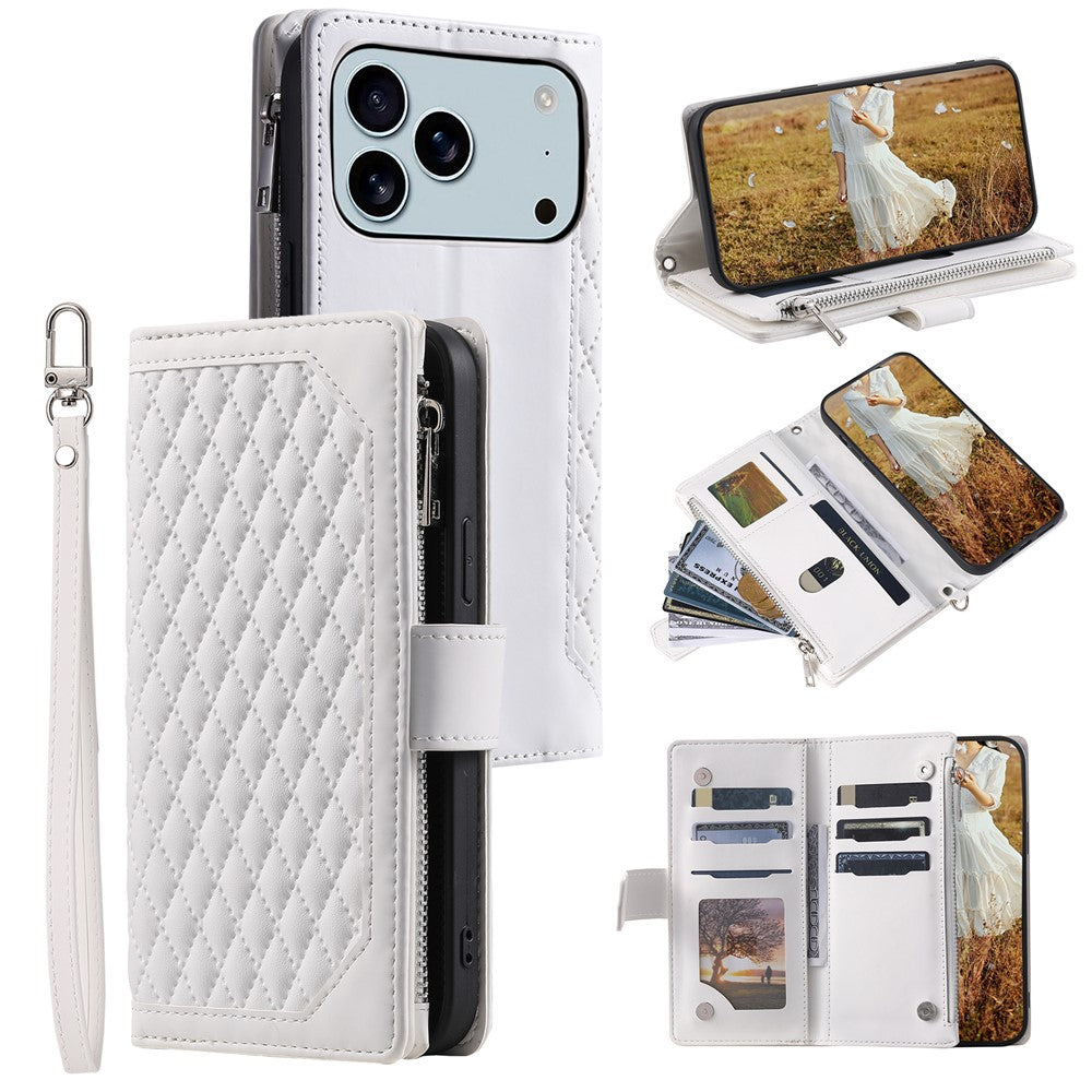 For iPhone 17 Pro Max Wallet Case Rhombus Stitching Line PU Leather Phone Cover with Wrist Strap - White