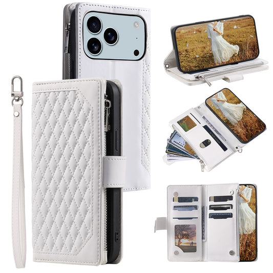 For iPhone 17 Pro Max Wallet Case Rhombus Stitching Line PU Leather Phone Cover with Wrist Strap - White