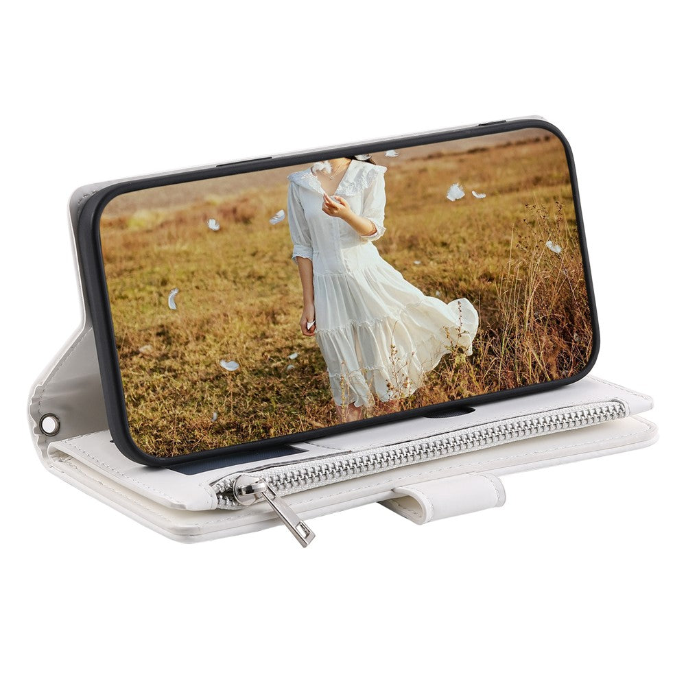 For iPhone 17 Pro Max Wallet Case Rhombus Stitching Line PU Leather Phone Cover with Wrist Strap - White