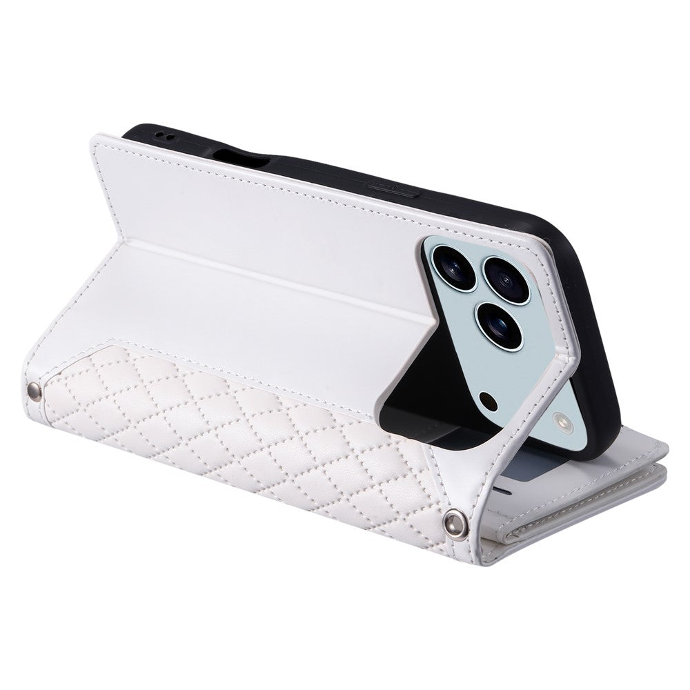 For iPhone 17 Pro Max Wallet Case Rhombus Stitching Line PU Leather Phone Cover with Wrist Strap - White