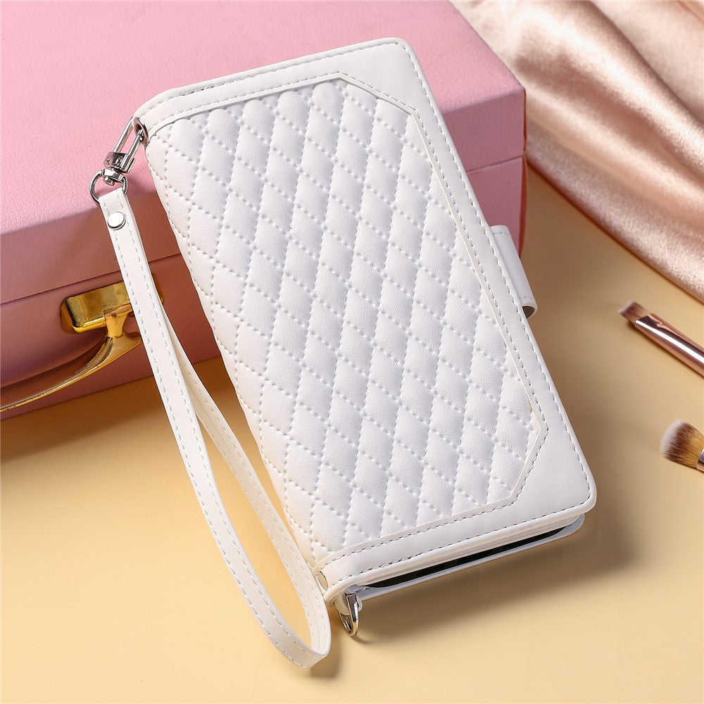 For iPhone 17 Pro Max Wallet Case Rhombus Stitching Line PU Leather Phone Cover with Wrist Strap - White