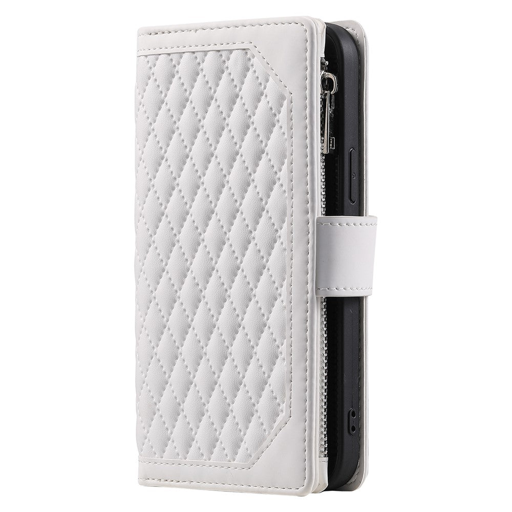 For iPhone 17 Pro Max Wallet Case Rhombus Stitching Line PU Leather Phone Cover with Wrist Strap - White