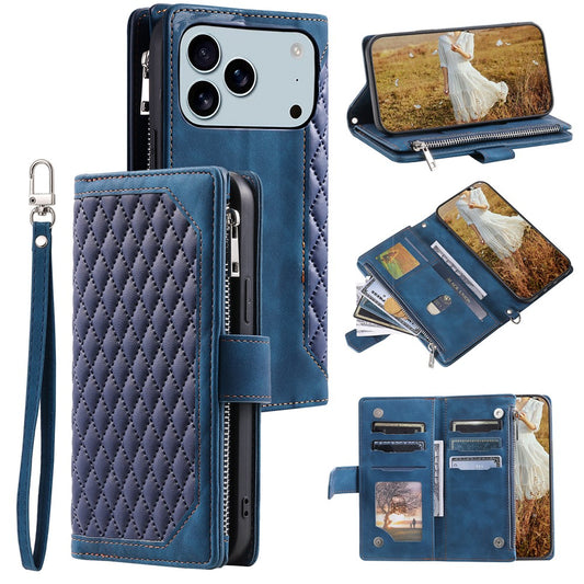 For iPhone 17 Pro Max Wallet Case Rhombus Stitching Line PU Leather Phone Cover with Wrist Strap - Blue