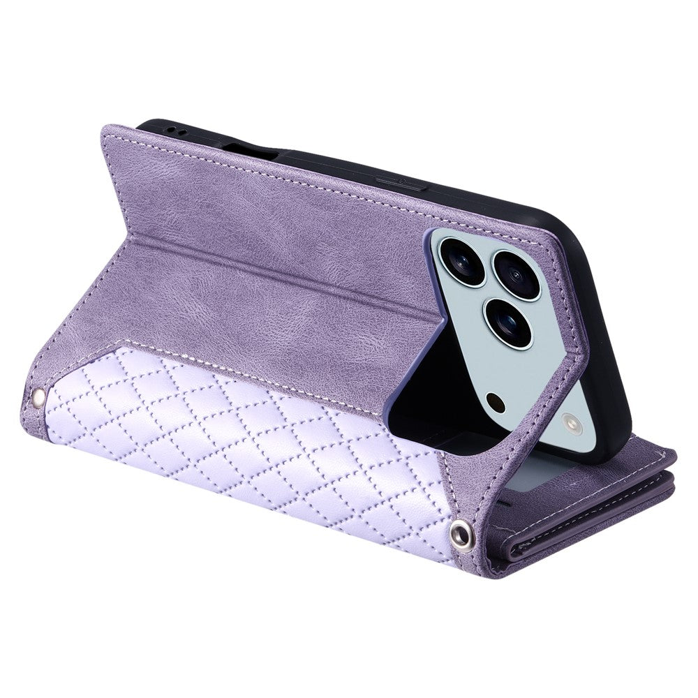 For iPhone 17 Pro Max Wallet Case Rhombus Stitching Line PU Leather Phone Cover with Wrist Strap - Purple
