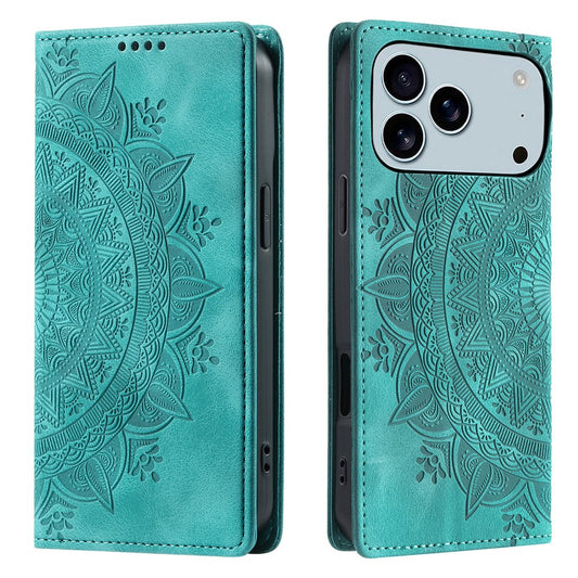 For iPhone 17 Pro Max Case Magnetic Closing Leather Phone Cover Pattern Imprinted - Mint Green