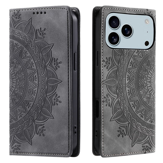 For iPhone 17 Pro Max Case Magnetic Closing Leather Phone Cover Pattern Imprinted - Grey