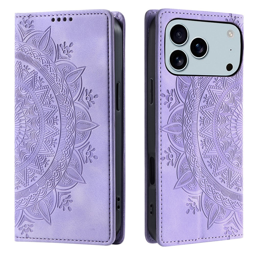 For iPhone 17 Pro Max Case Magnetic Closing Leather Phone Cover Pattern Imprinted - Purple