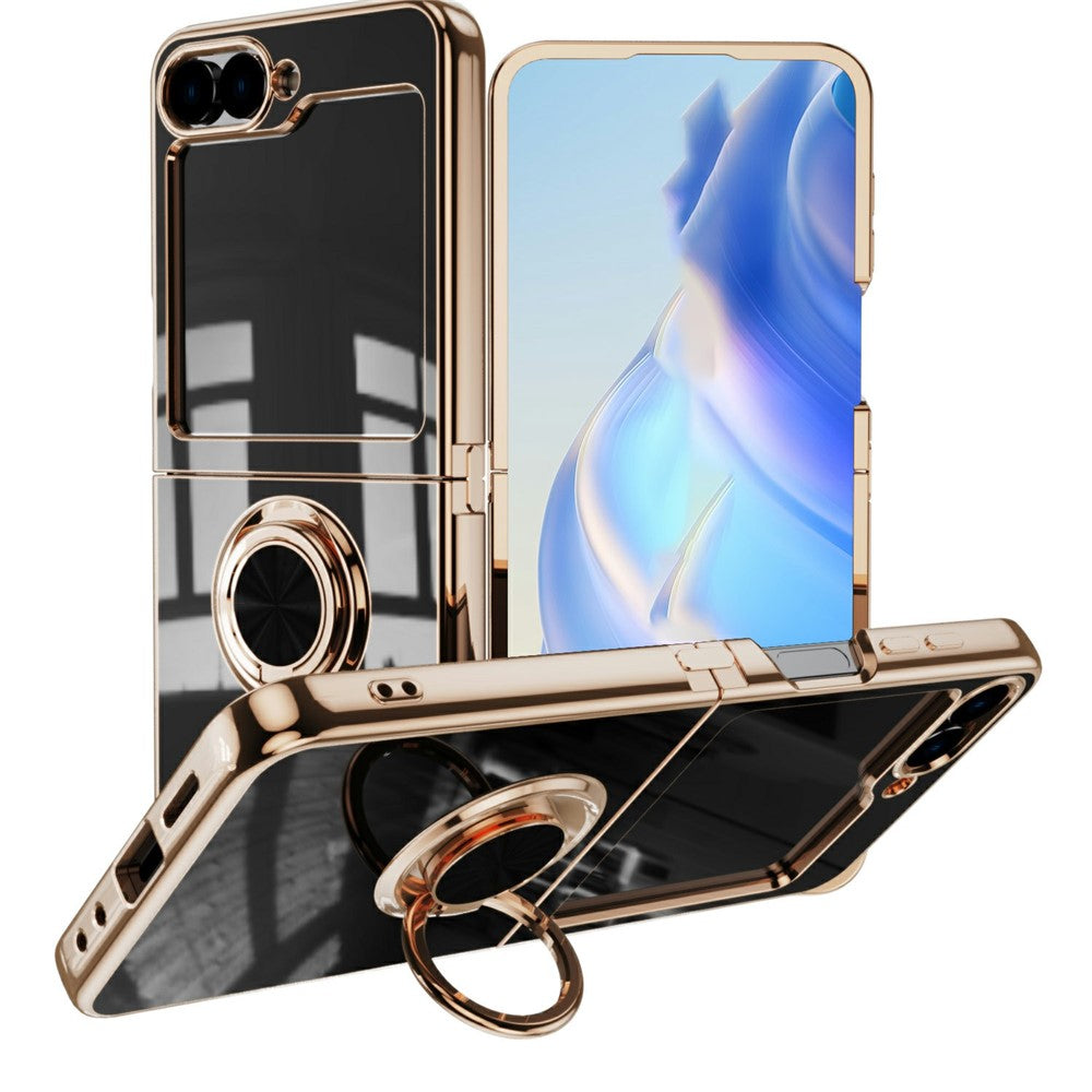 For Samsung Galaxy Z Flip7 5G Case Precise Cutouts 6D Electroplating TPU Phone Cover with Ring Holder - Black
