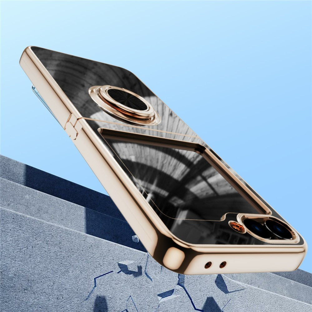 For Samsung Galaxy Z Flip7 5G Case Precise Cutouts 6D Electroplating TPU Phone Cover with Ring Holder - Black