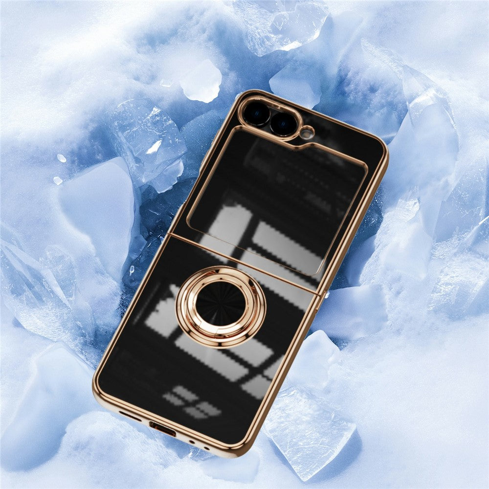 For Samsung Galaxy Z Flip7 5G Case Precise Cutouts 6D Electroplating TPU Phone Cover with Ring Holder - Black