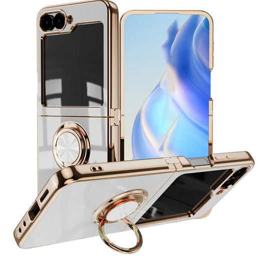 For Samsung Galaxy Z Flip7 5G Case Precise Cutouts 6D Electroplating TPU Phone Cover with Ring Holder - White