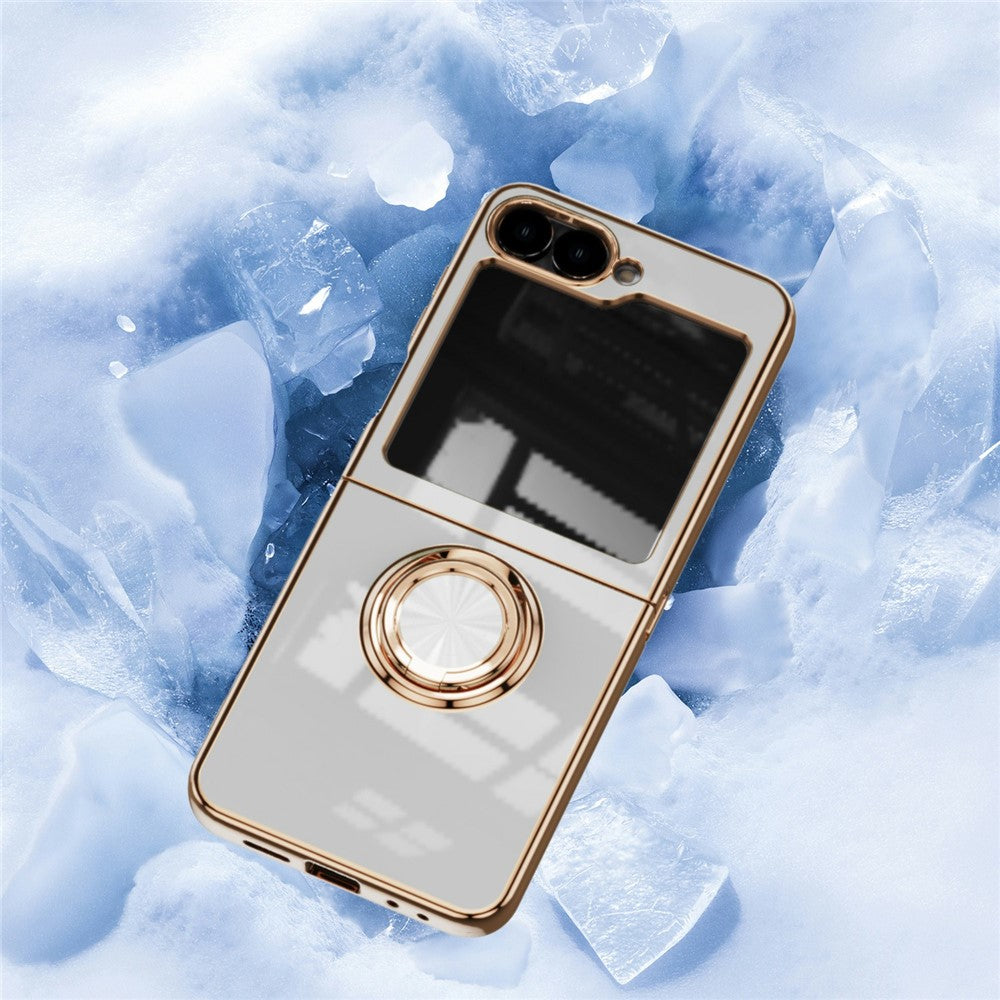 For Samsung Galaxy Z Flip7 5G Case Precise Cutouts 6D Electroplating TPU Phone Cover with Ring Holder - White