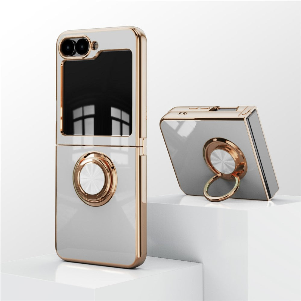 For Samsung Galaxy Z Flip7 5G Case Precise Cutouts 6D Electroplating TPU Phone Cover with Ring Holder - White