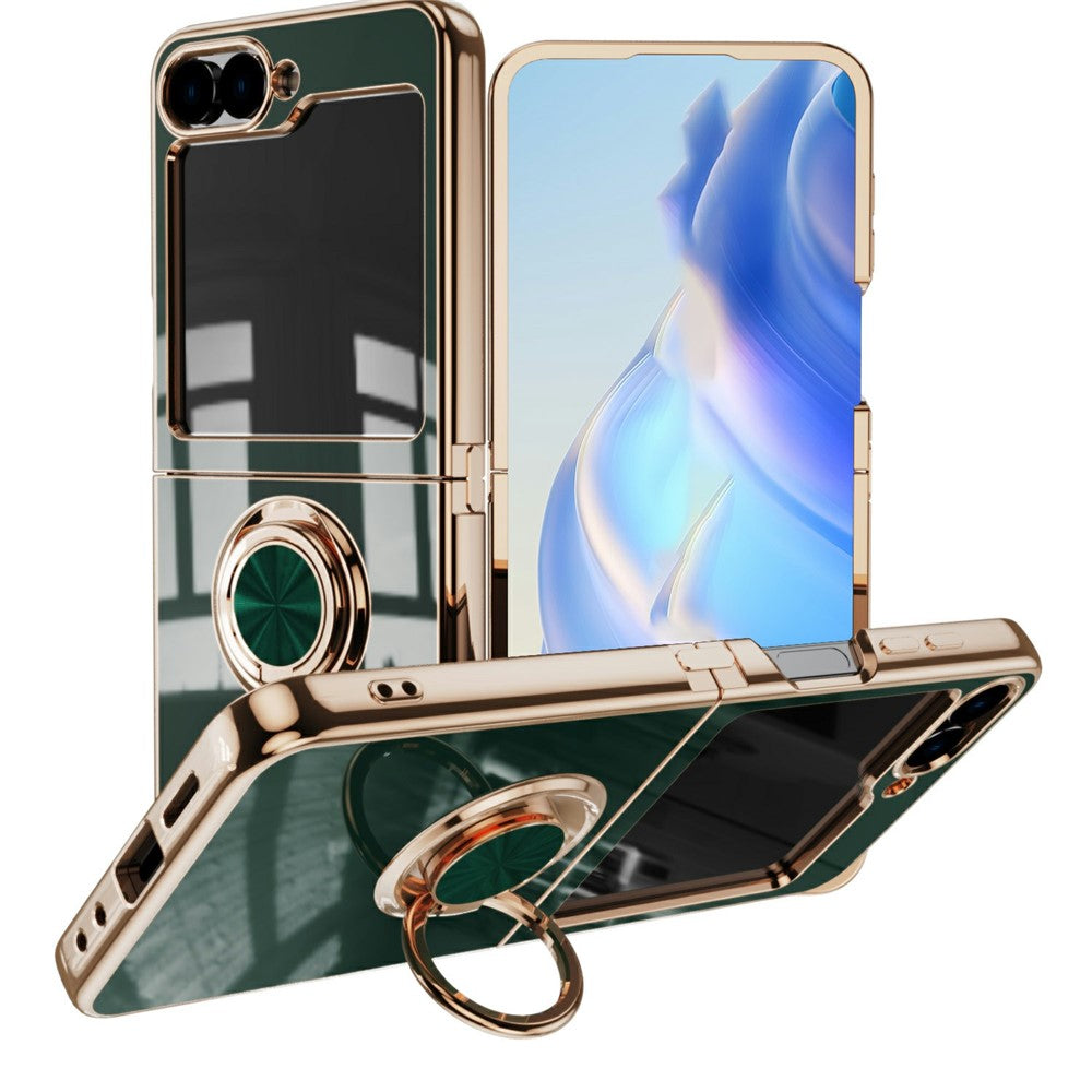 For Samsung Galaxy Z Flip7 5G Case Precise Cutouts 6D Electroplating TPU Phone Cover with Ring Holder - Midnight Green