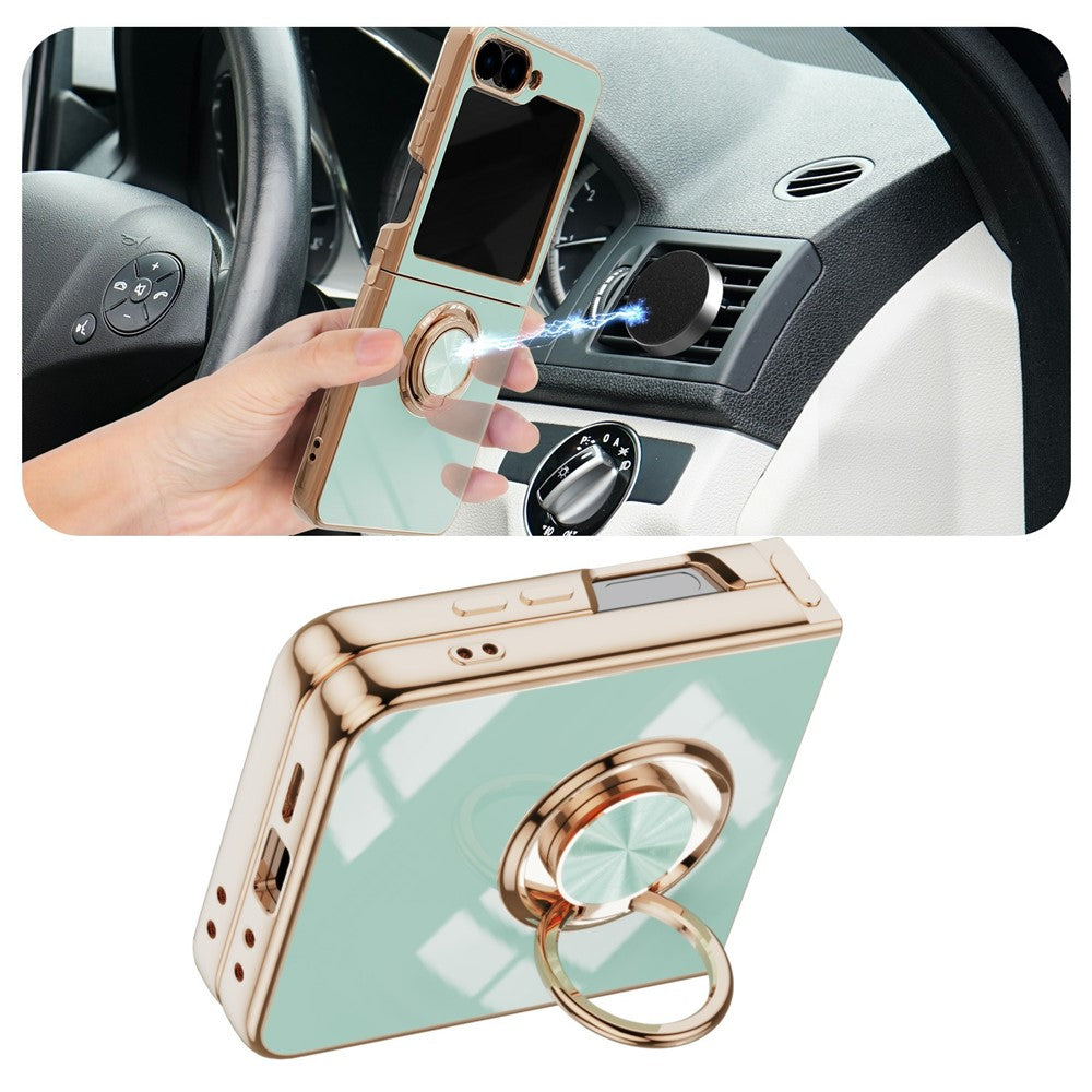 For Samsung Galaxy Z Flip7 5G Case Precise Cutouts 6D Electroplating TPU Phone Cover with Ring Holder - Light Cyan