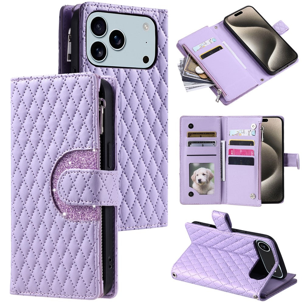 For iPhone 17 Pro Max Case Zipper Pocket Glitter Leather Phone Cover with Wrist Strap - Purple