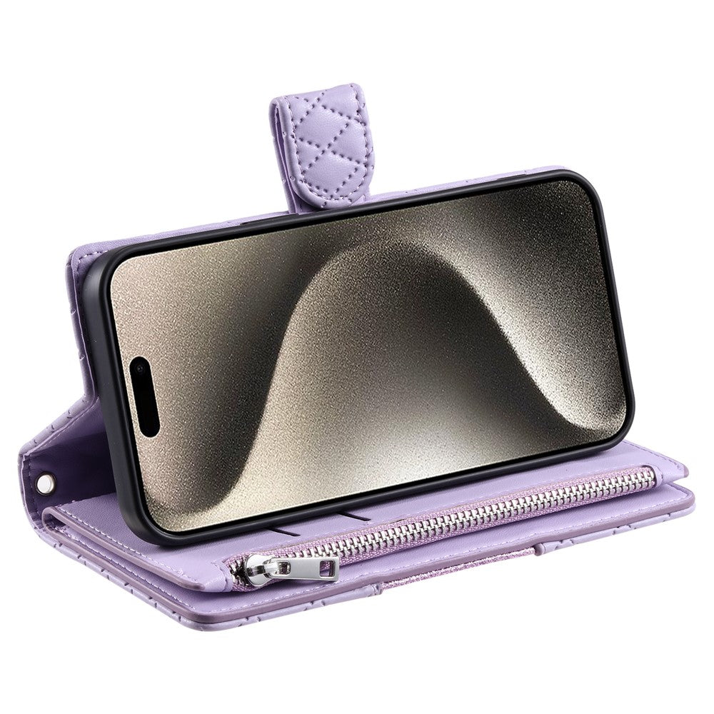 For iPhone 17 Pro Max Case Zipper Pocket Glitter Leather Phone Cover with Wrist Strap - Purple