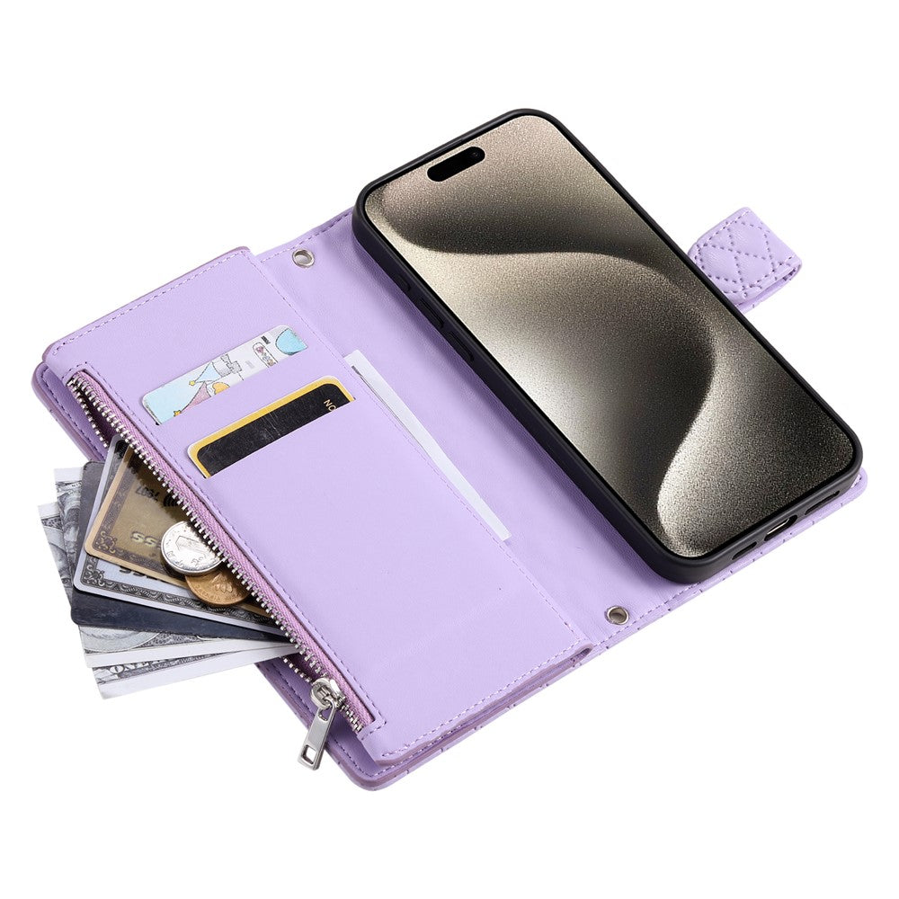 For iPhone 17 Pro Max Case Zipper Pocket Glitter Leather Phone Cover with Wrist Strap - Purple