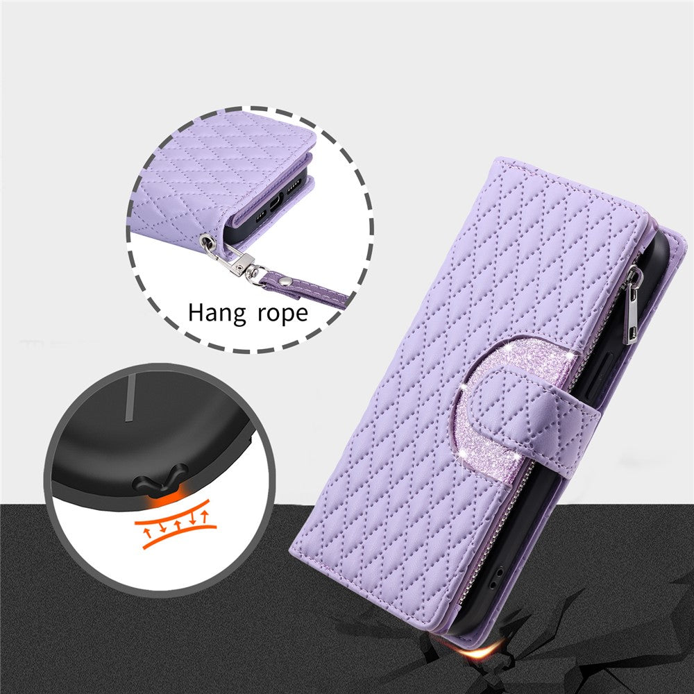 For iPhone 17 Pro Max Case Zipper Pocket Glitter Leather Phone Cover with Wrist Strap - Purple