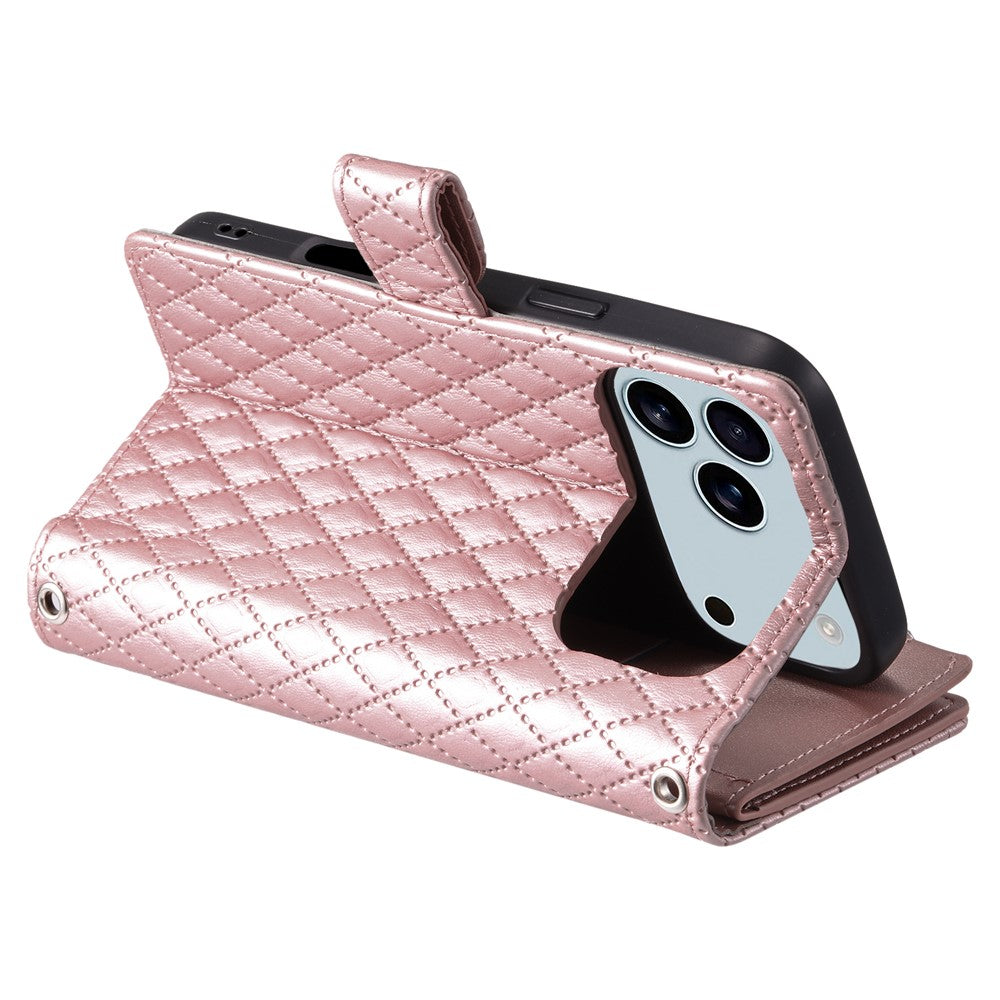 For iPhone 17 Pro Max Case Zipper Pocket Glitter Leather Phone Cover with Wrist Strap - Rose Gold