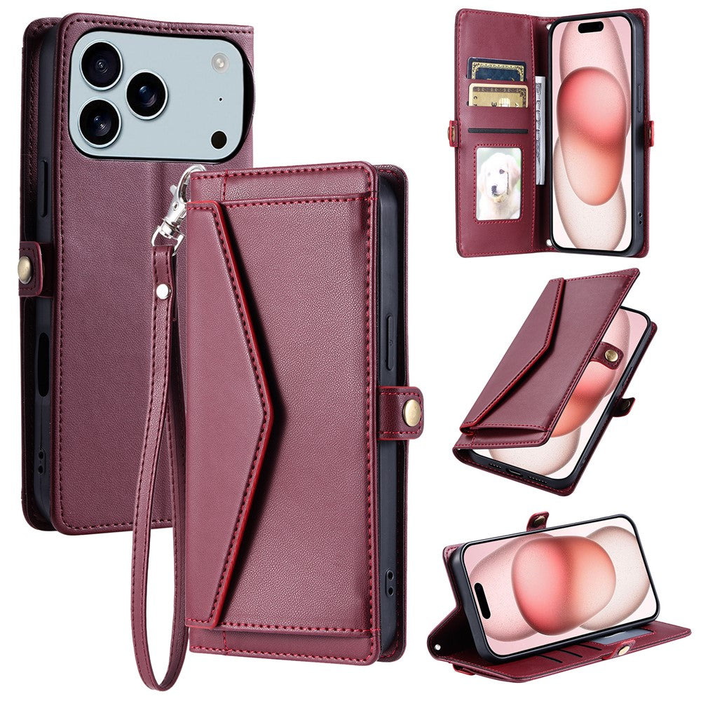 For iPhone 17 Pro Max Leather Case with Wrist Strap Wallet Stand Phone Cover - Wine Red