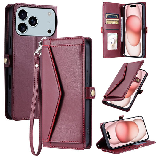 For iPhone 17 Pro Max Leather Case with Wrist Strap Wallet Stand Phone Cover - Wine Red