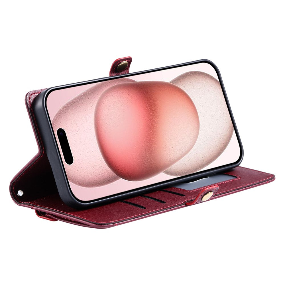 For iPhone 17 Pro Max Leather Case with Wrist Strap Wallet Stand Phone Cover - Wine Red