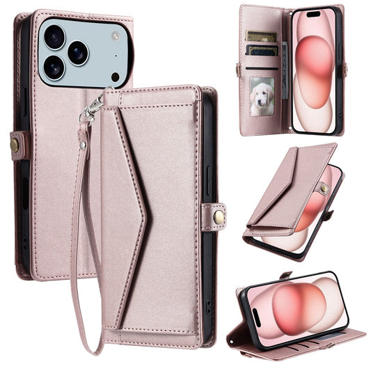 For iPhone 17 Pro Max Leather Case with Wrist Strap Wallet Stand Phone Cover - Rose Gold