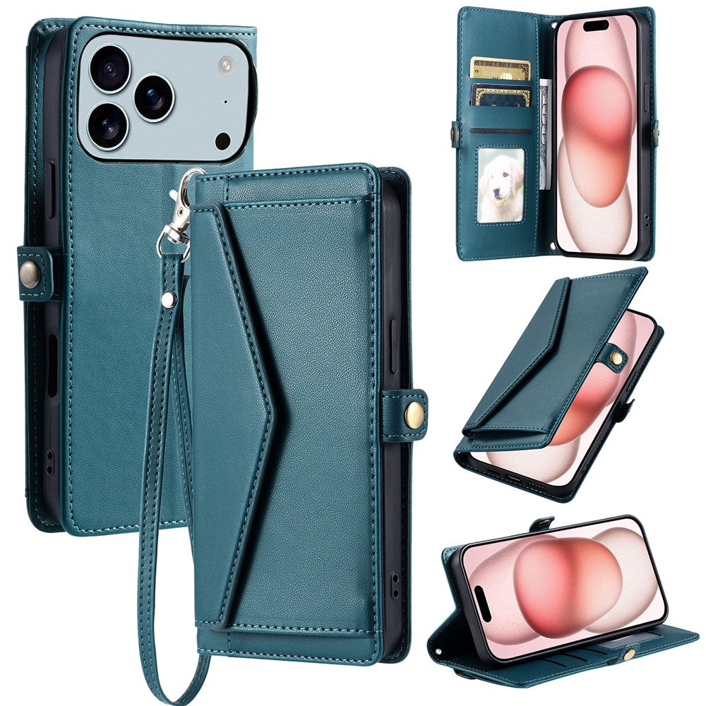 For iPhone 17 Pro Max Leather Case with Wrist Strap Wallet Stand Phone Cover - Blackish Green